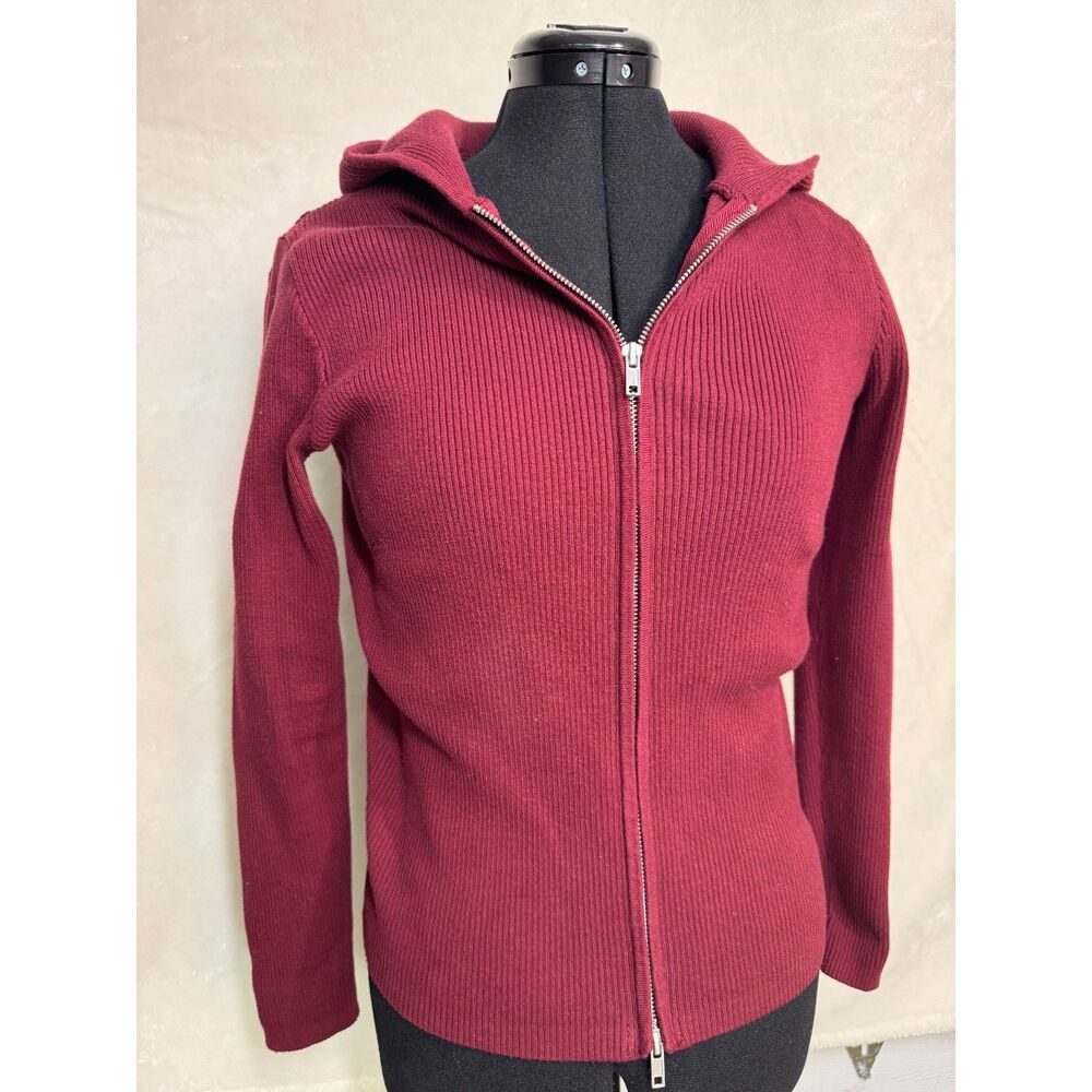 Brandy Melville Women's Burgundy double zip up sweater with hoodie One Size